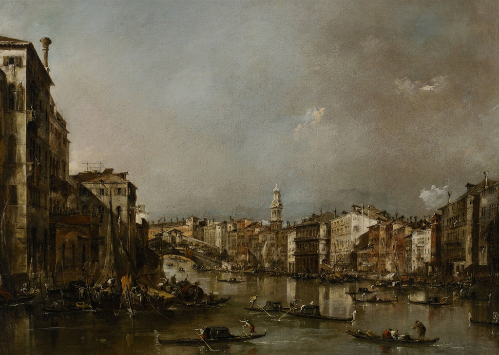Uma pintura a óleo de Francesco Guardi retratando o Canal Grande em Veneza, com edifícios históricos, pontes e gôndolas sob um céu nublado.