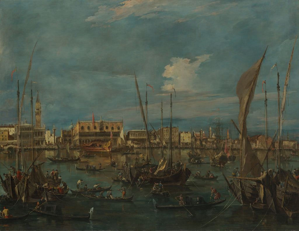Pintura a óleo de Francesco Guardi mostrando o Grande Canal de Veneza com edifícios históricos e muitas gôndolas e barcos à vela sob um céu dramático.