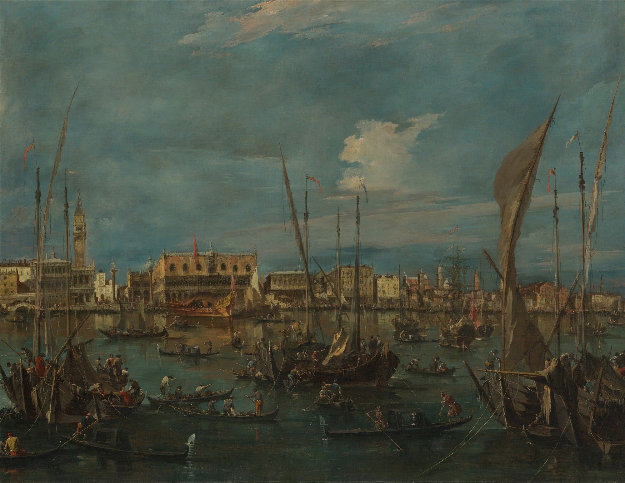 Pintura a óleo de Francesco Guardi mostrando o Grande Canal de Veneza com edifícios históricos e muitas gôndolas e barcos à vela sob um céu dramático.