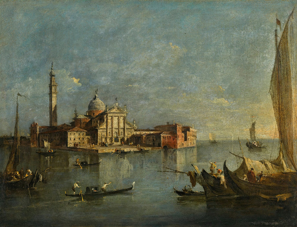 Pintura a óleo de Francesco Guardi, representando a Ilha de San Giorgio Maggiore em Veneza, com a basílica e o campanário em destaque à esquerda, rodeados por barcos e gôndolas em águas calmas, sob um céu nublado e atmosférico.