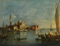 Pintura a óleo de Francesco Guardi, representando a Ilha de San Giorgio Maggiore em Veneza, com a basílica e o campanário em destaque à esquerda, rodeados por barcos e gôndolas em águas calmas, sob um céu nublado e atmosférico.
