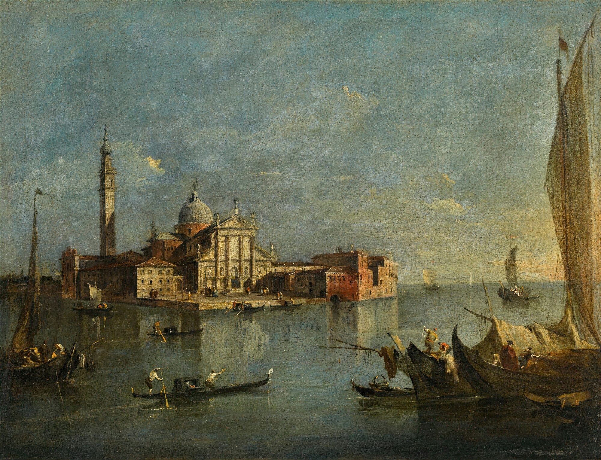 Pintura a óleo de Francesco Guardi, representando a Ilha de San Giorgio Maggiore em Veneza, com a basílica e o campanário em destaque à esquerda, rodeados por barcos e gôndolas em águas calmas, sob um céu nublado e atmosférico.