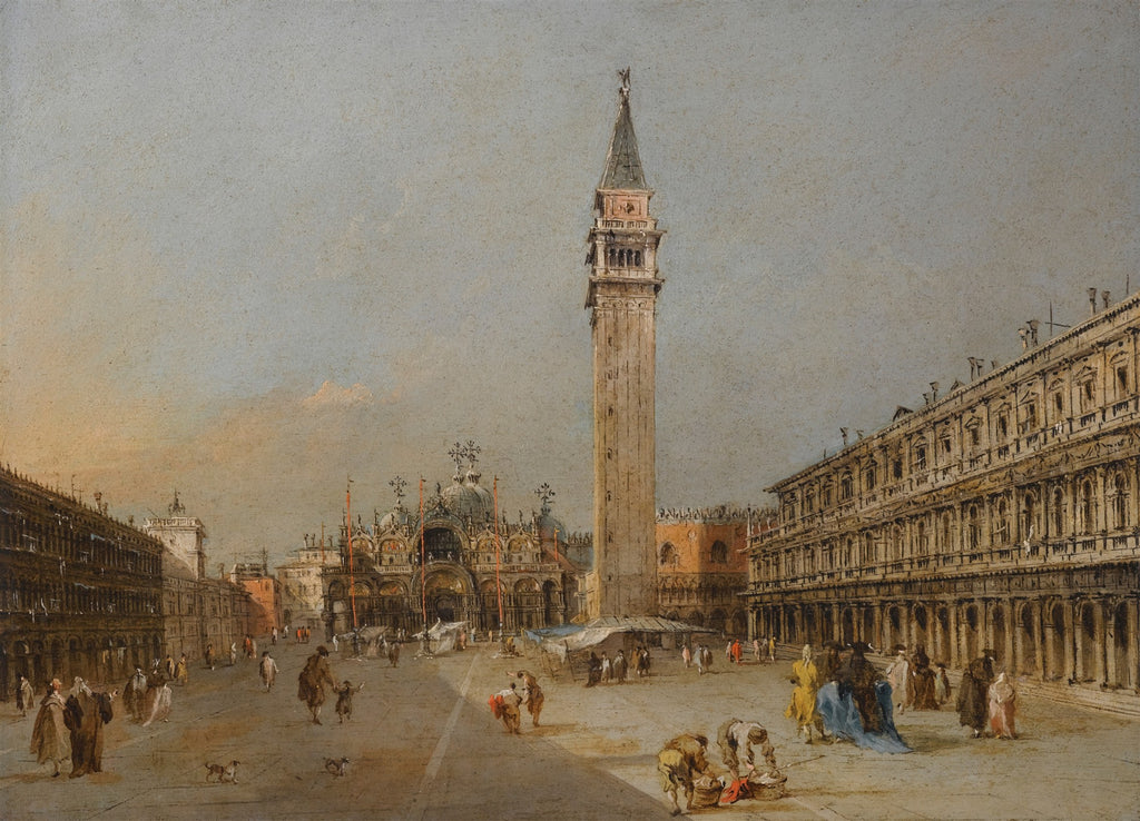 Quadro decorativo da Piazza San Marco em Veneza, com a Basílica de São Marcos e o Campanile sob um céu claro, com figuras em miniatura no chão, atribuído a Francesco Guardi.