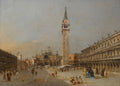 Quadro decorativo da Piazza San Marco em Veneza, com a Basílica de São Marcos e o Campanile sob um céu claro, com figuras em miniatura no chão, atribuído a Francesco Guardi.