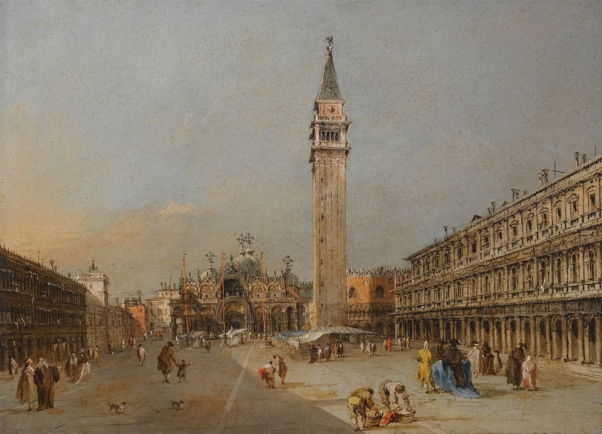 Quadro decorativo da Piazza San Marco em Veneza, com a Basílica de São Marcos e o Campanile sob um céu claro, com figuras em miniatura no chão, atribuído a Francesco Guardi.