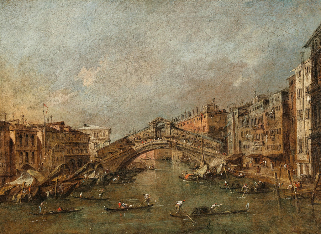 Pintura a óleo de Francesco Guardi, "A Ponte de Rialto com o Palácio dos Camerlenghi", representando o Grande Canal de Veneza com gôndolas e edifícios históricos.