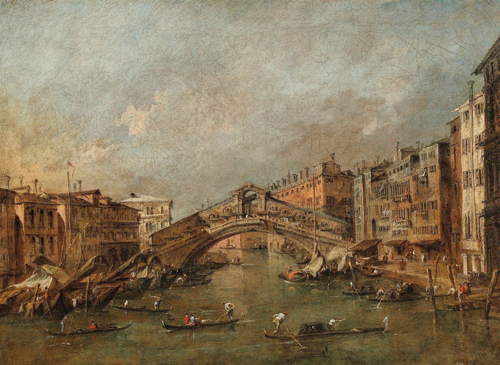 Pintura a óleo de Francesco Guardi, "A Ponte de Rialto com o Palácio dos Camerlenghi", representando o Grande Canal de Veneza com gôndolas e edifícios históricos.