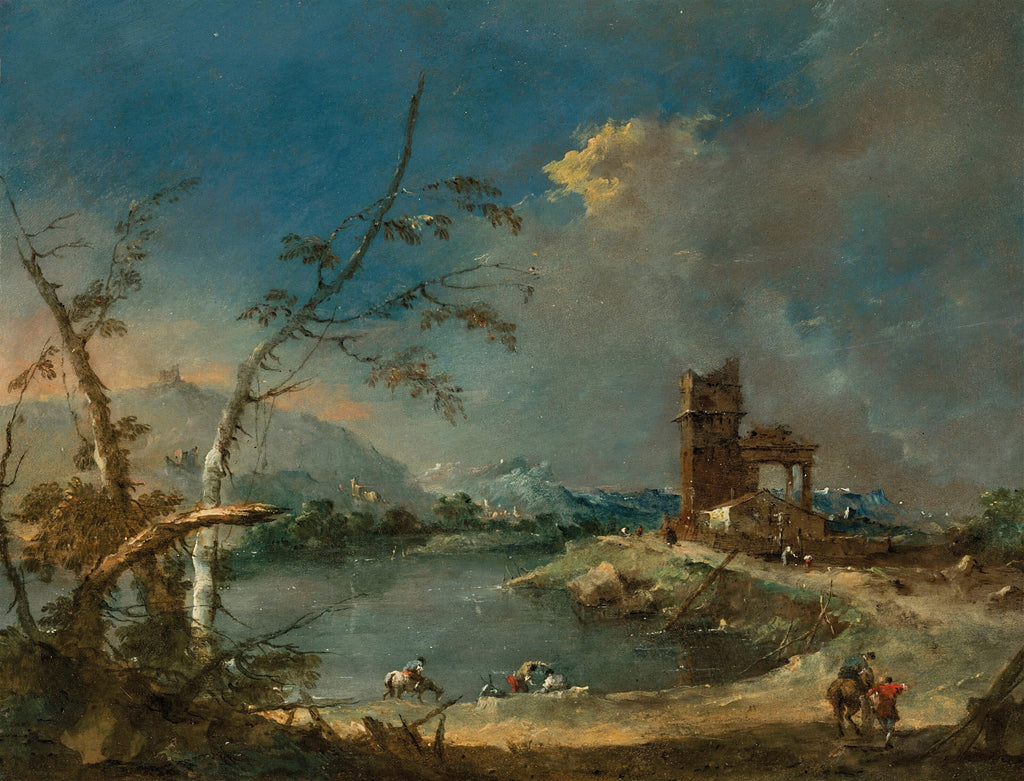 Pintura a óleo de Francesco Guardi, 'Paisagem com Ruínas e Figuras', mostrando um lago calmo sob um céu dramático com nuvens. Há ruínas de um edifício à direita, árvores esguias em primeiro plano e pequenas figuras em cavalos e a pé perto da água.