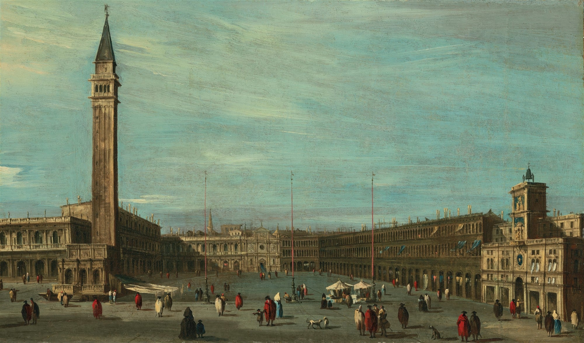 Uma pintura a óleo de Francesco Guardi retratando a Praça de São Marcos em Veneza, com o Campanário alto à esquerda, edifícios históricos ao redor da praça e muitas figuras humanas pequenas em tons escuros caminhando, sob um céu azul claro com nuvens esparsas.