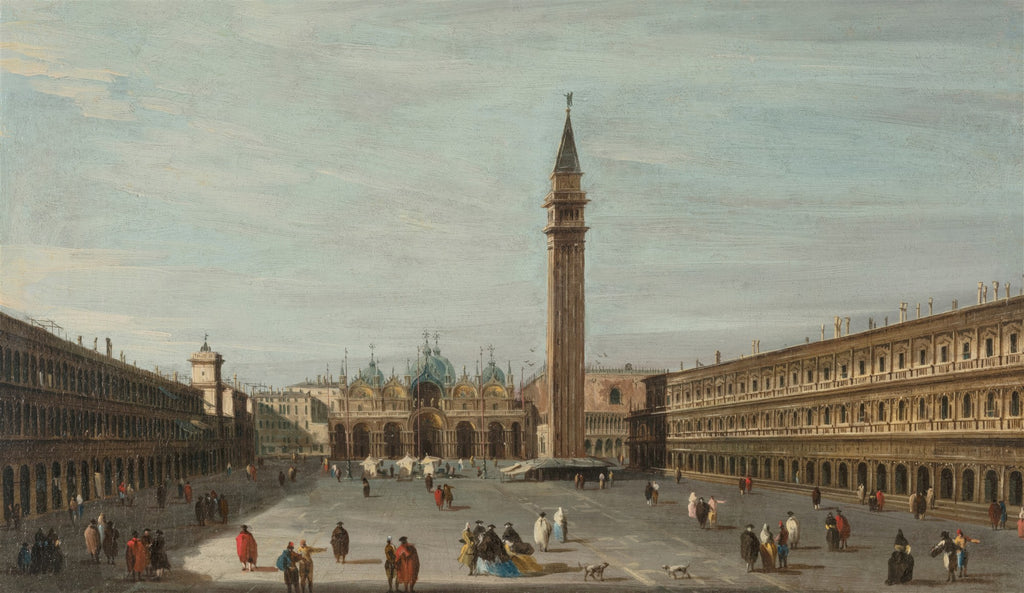 Pintura a óleo da Piazza San Marco em Veneza, mostrando a basílica, o campanário e edifícios em torno de uma praça movimentada com pessoas.