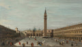 Pintura a óleo da Piazza San Marco em Veneza, mostrando a basílica, o campanário e edifícios em torno de uma praça movimentada com pessoas.