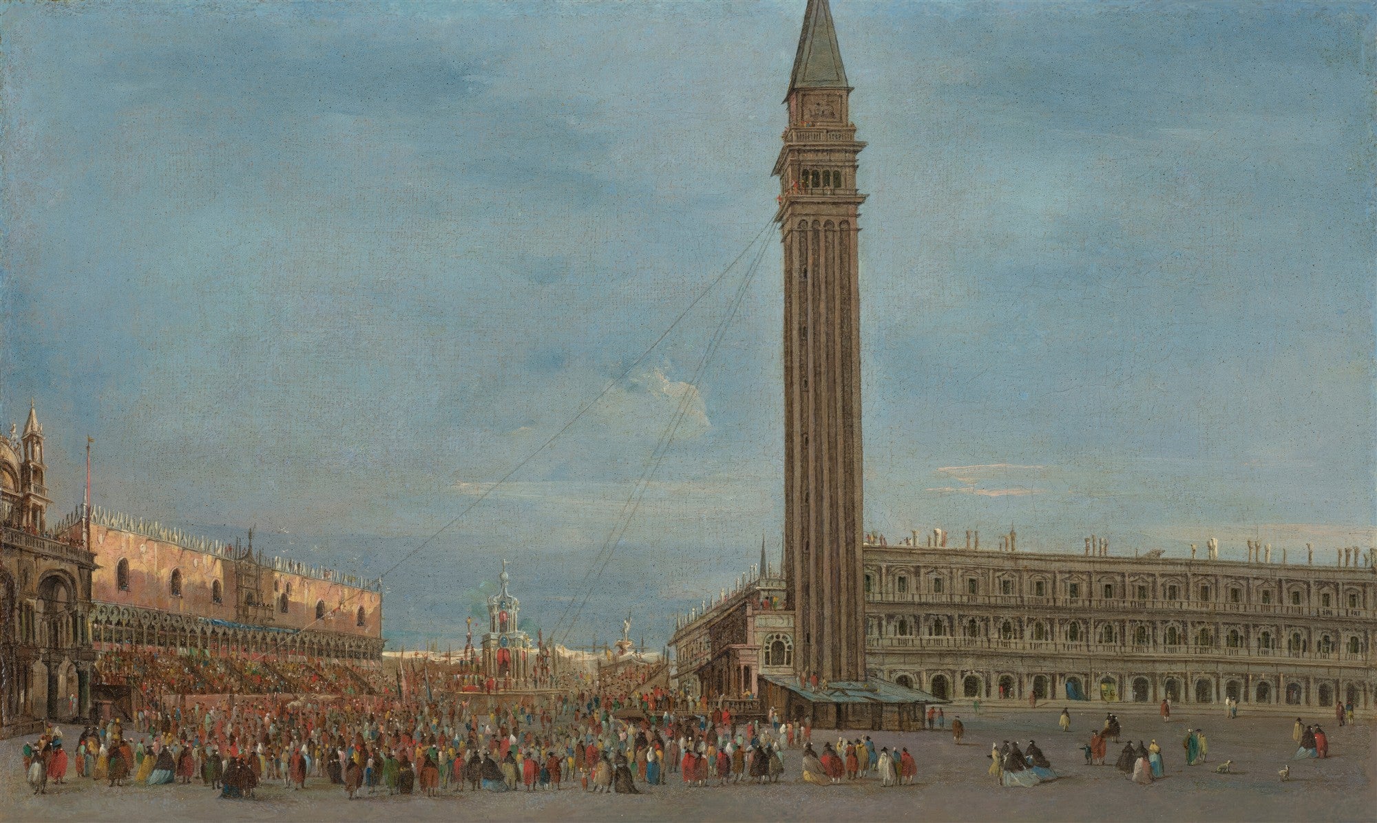 Quadro decorativo de Francesco Guardi, A Praça de São Marcos, mostrando uma vasta praça veneziana com multidões, o Campanário de São Marcos e o Palácio Ducal sob um céu azul claro.