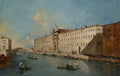Quadro decorativo com uma cena de canal em Veneza, atribuída a Francesco Guardi. Barcos e gôndolas navegam por um canal ladeado por edifícios históricos de cor creme, sob um céu azul claro com nuvens esparsas. Uma ponte em arco é visível ao fundo.