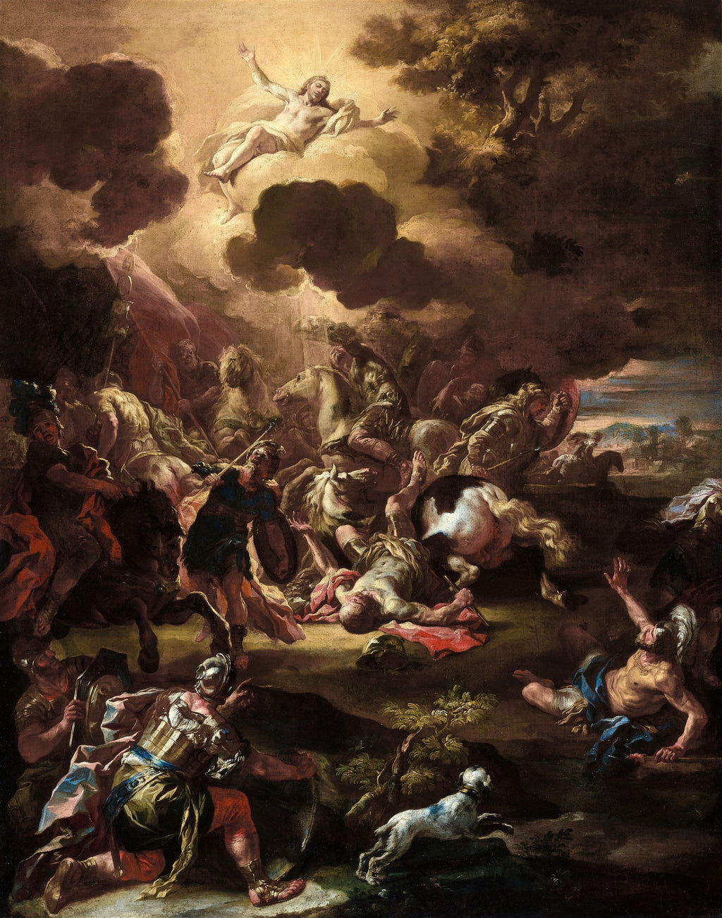 Quadro decorativo 'A Conversão de Saulo' de Francesco Solimena, mostrando a cena bíblica com Saulo caindo do cavalo diante de uma visão de Cristo em nuvens. Cavalos e soldados em desordem, luz divina.
