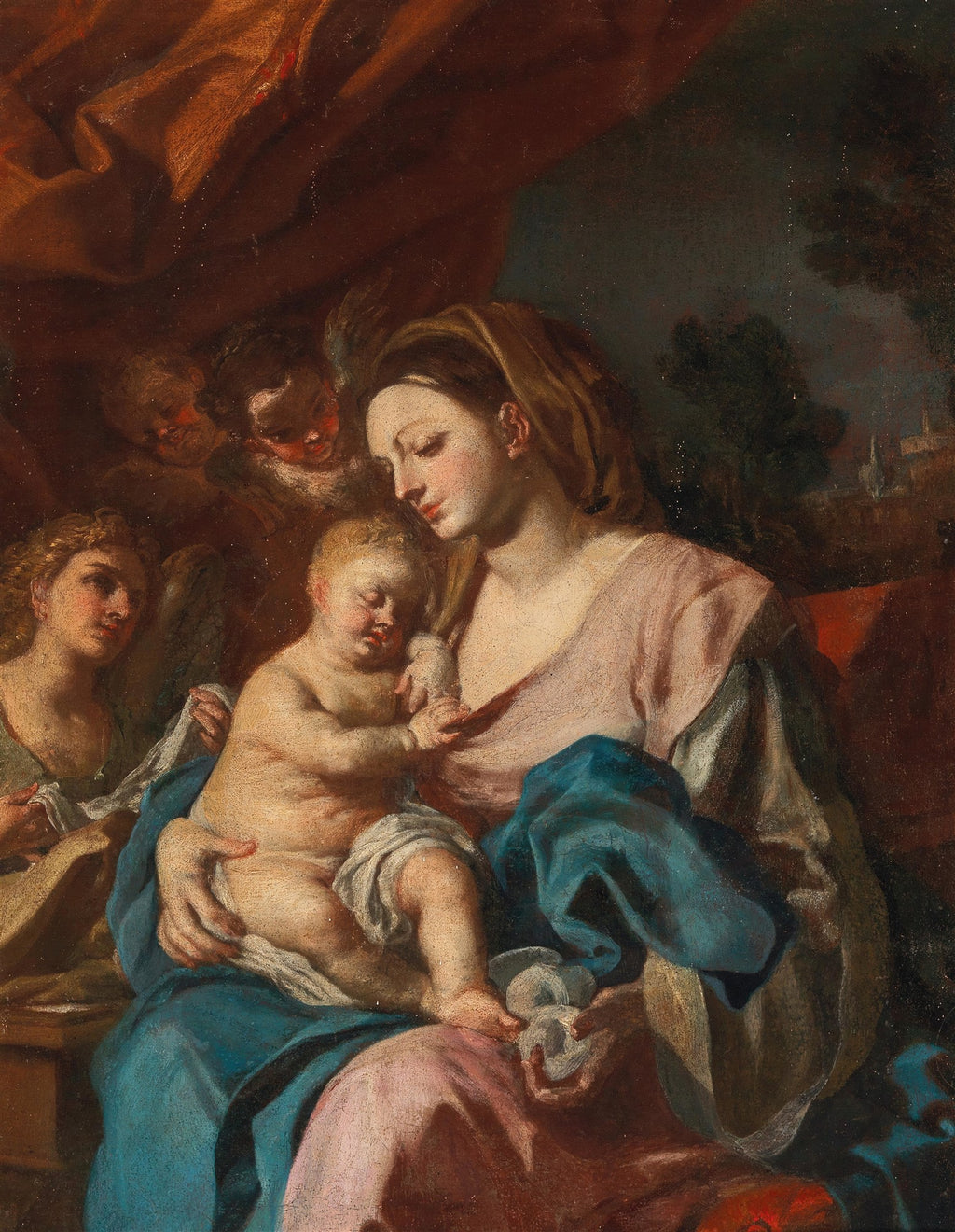 Pintura barroca de Francesco Solimena retratando a Virgem Maria com o Menino Jesus adormecido em seu colo, cercados por anjos em uma cena de ternura e devoção. A Madona veste azul e rosa, com anjos em tons terrosos ao fundo, transmitindo uma atmosfera sagrada e serena.