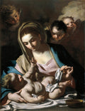 Quadro decorativo de Francesco Solimena, A Virgem e o Menino com Anjos. Pintura barroca que retrata a Virgem Maria segurando o Menino Jesus, com anjos observando ao fundo. As cores predominantes são tons de azul, rosa, marrom e dourado, com iluminação dramática.
