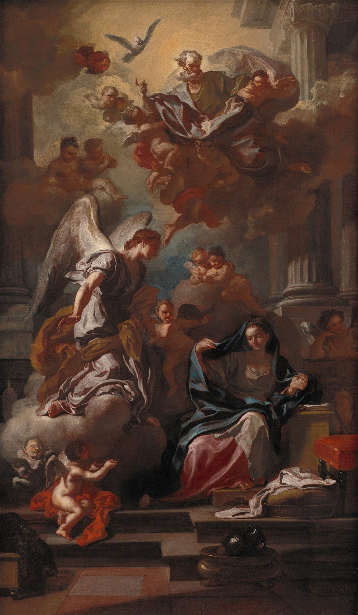 Pintura barroca de A Anunciação por Francesco Solimena, com a Virgem Maria, o anjo Gabriel, Deus Pai e querubins em nuvens.