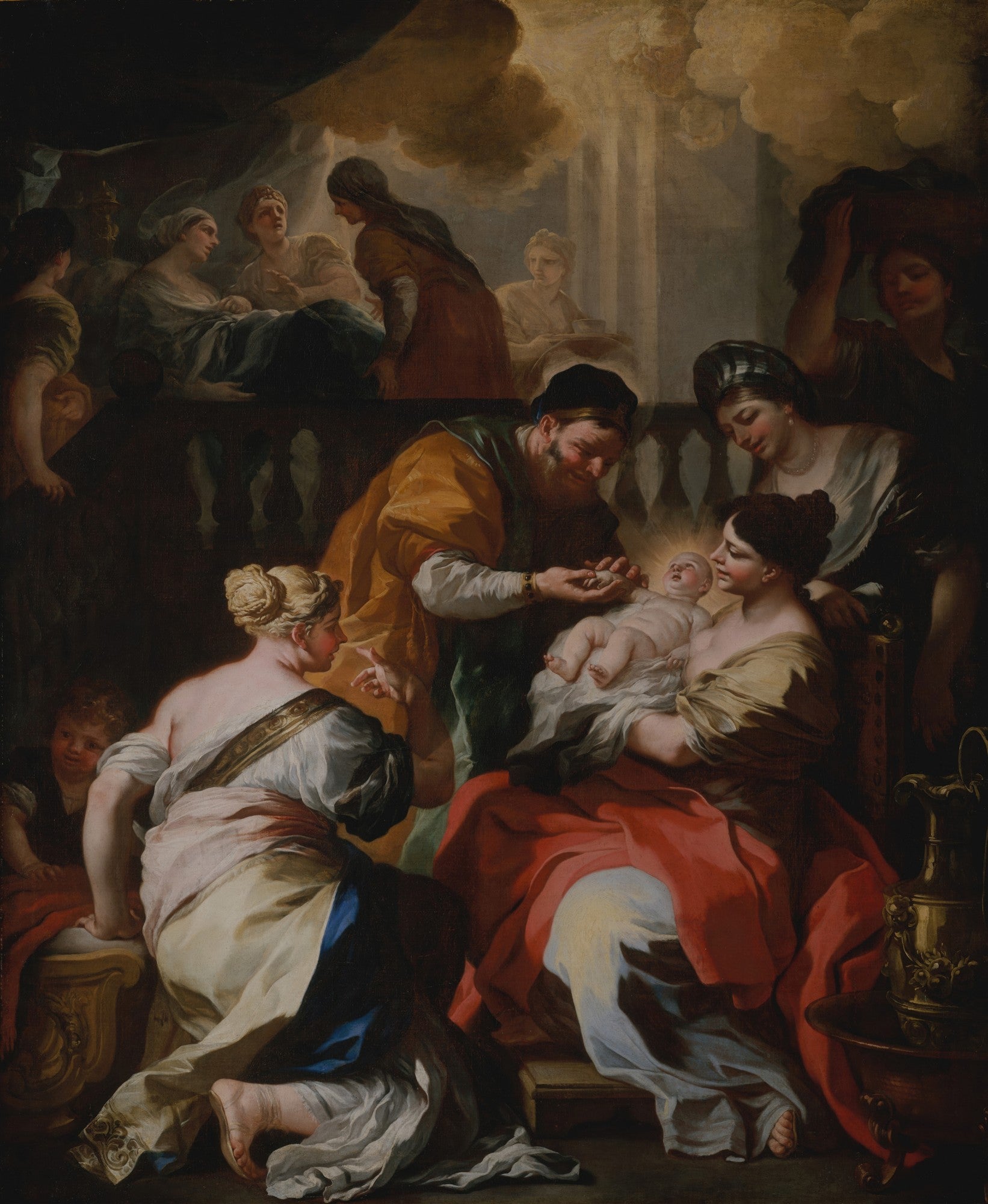 Pintura barroca de Francesco Solimena, "A Circuncisão de São João Batista", com figuras reunidas em torno de um bebê iluminado por uma luz divina, celebrando um ritual.