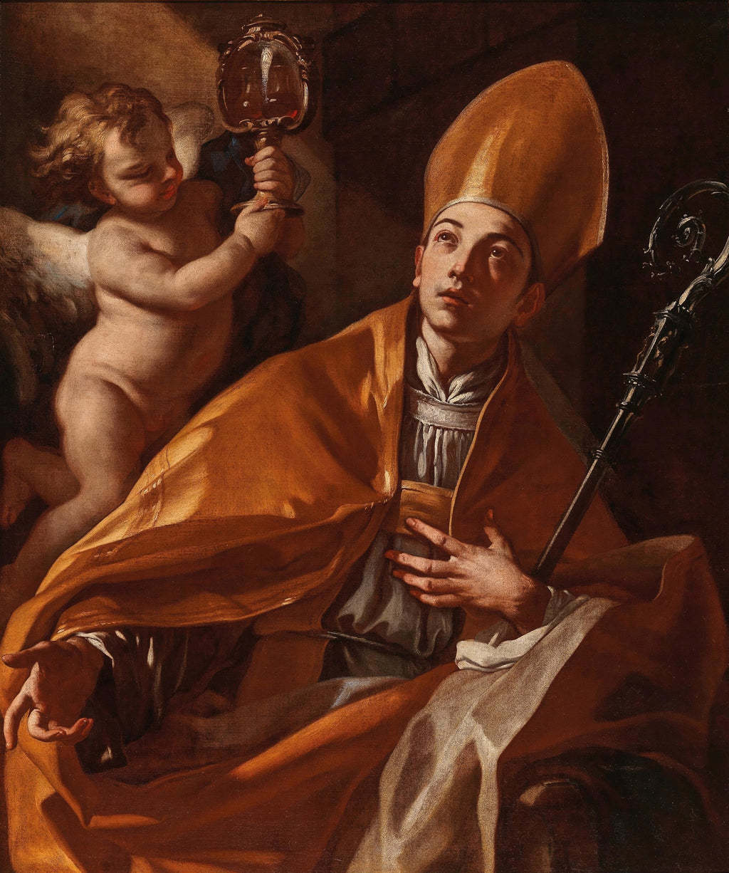 Pintura barroca de Francesco Solimena mostrando um bispo com mitra e báculo, olhando para cima em êxtase, enquanto um anjo lhe oferece um objeto. Cores quentes e dramáticas.
