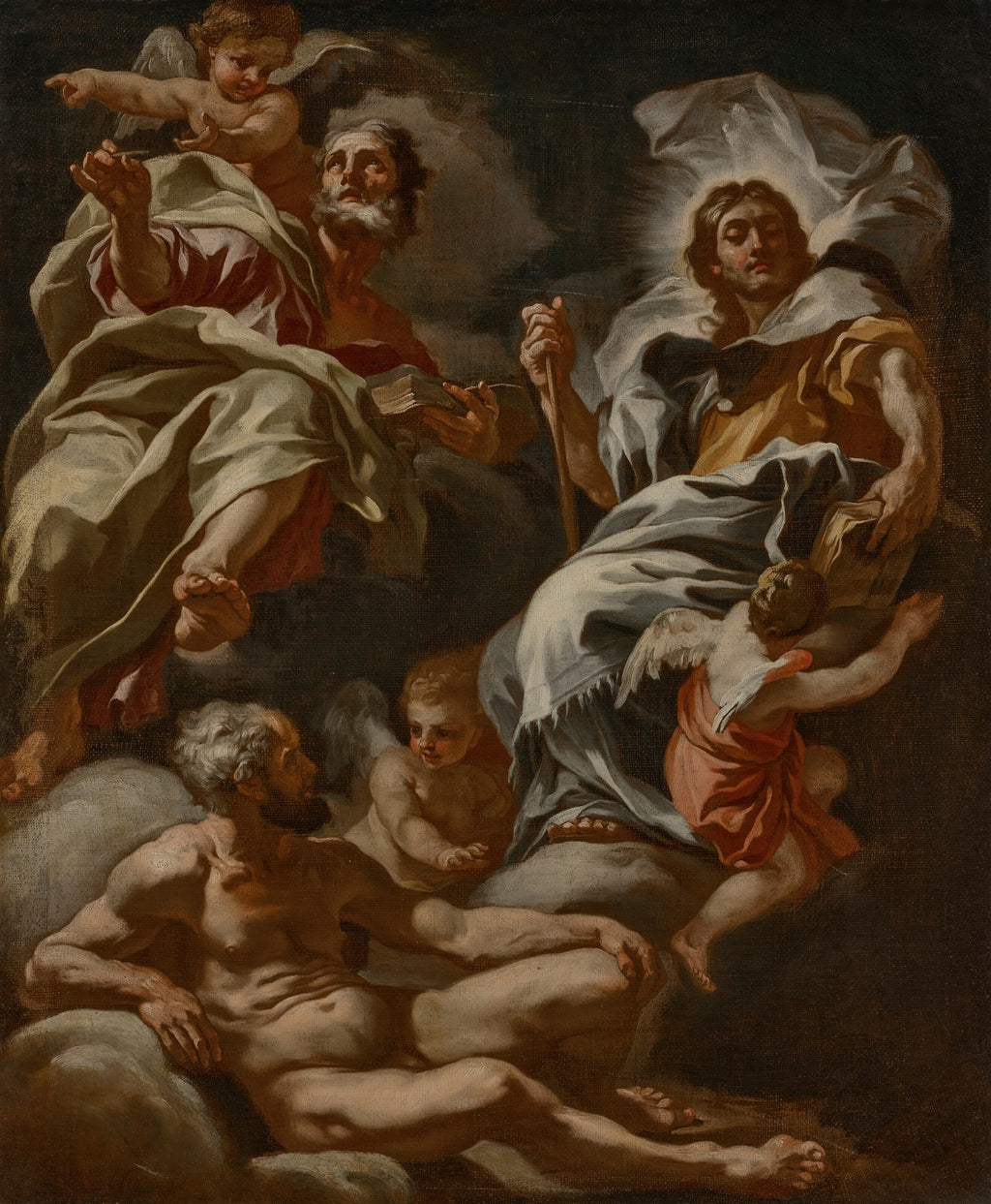 Pintura barroca de Francesco Solimena, representando uma apoteose ou ascensão de um santo, com figuras celestiais e anjos em nuvens, em tons escuros e iluminados.