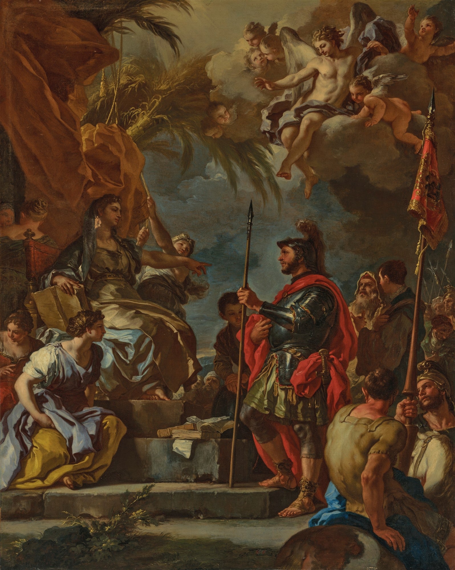 Pintura barroca "A Oferenda a Cipião" de Francesco Solimena, mostrando um general romano com armadura diante de uma figura feminina sentada em um trono, com anjos no céu.