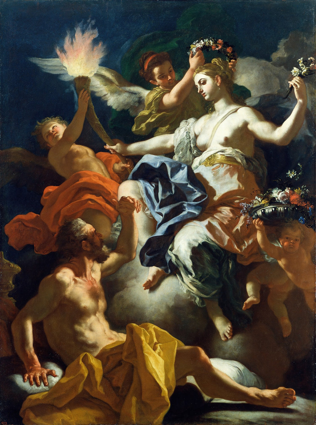 Pintura barroca de Francesco Solimena, 'Aurora e Tithonus', retratando a deusa Aurora com um anjo coroando-a e Tithonus no canto inferior esquerdo, com figuras aladas e nuvens, em tons vibrantes de azul, vermelho e amarelo.