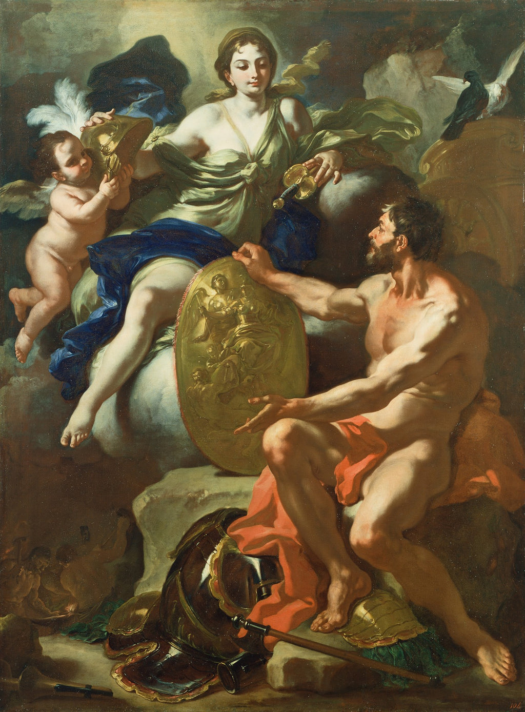 Pintura barroca de Francesco Solimena, 'A Generosidade', mostrando figuras alegóricas em nuvens, incluindo uma mulher com um elmo e um homem com um escudo dourado, e um cupido.