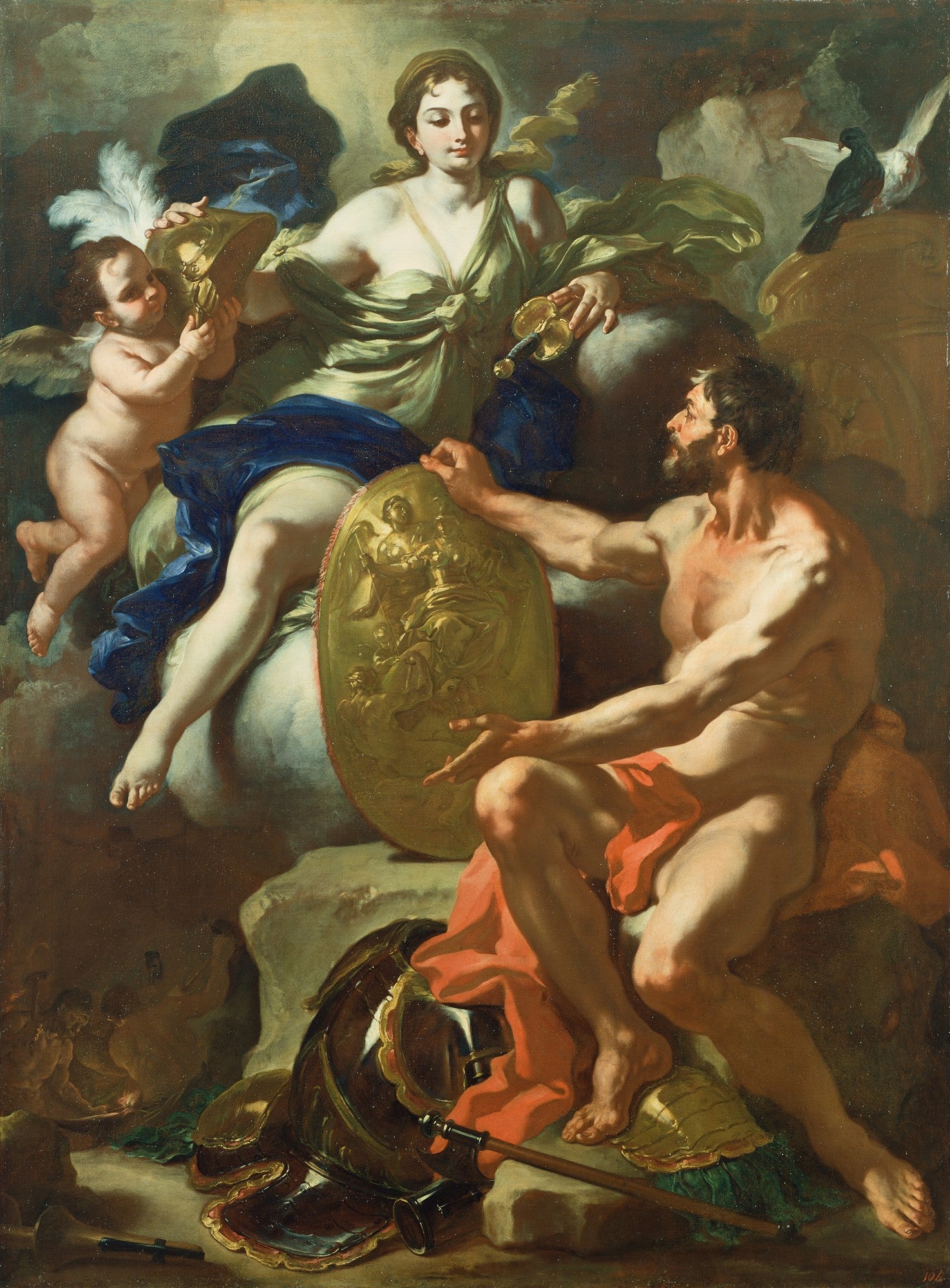 Pintura barroca de Francesco Solimena, 'A Generosidade', mostrando figuras alegóricas em nuvens, incluindo uma mulher com um elmo e um homem com um escudo dourado, e um cupido.