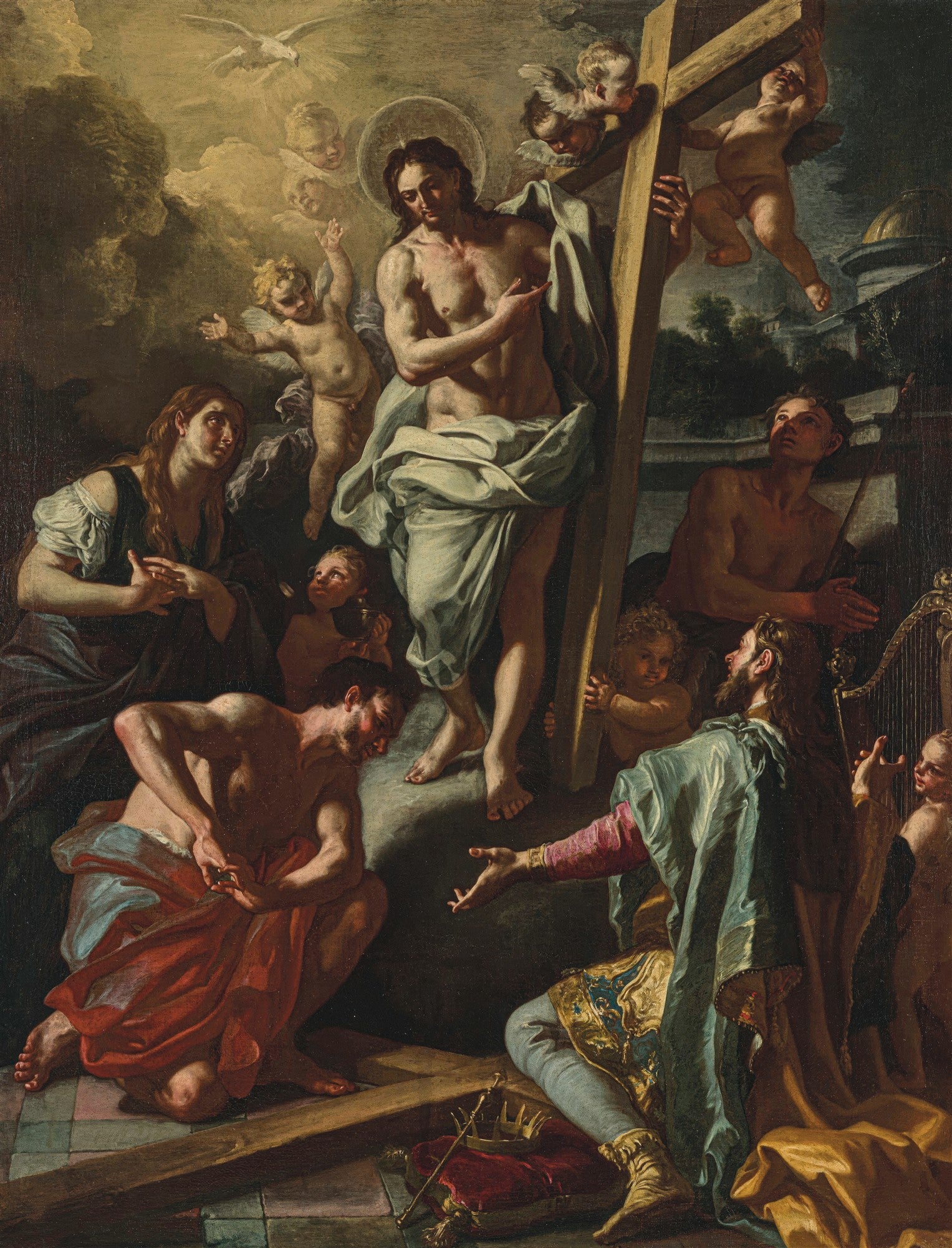Quadro decorativo atribuído a Francesco Solimena, representando a Descida de Cristo ao Limbo, com figuras bíblicas, anjos e uma poderosa iluminação barroca.