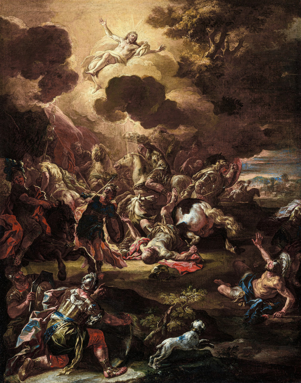 Pintura barroca de Francesco Solimena, A Conversão de Saulo, mostrando um homem caindo de seu cavalo e outros soldados em tumulto, com uma figura divina emergindo das nuvens no céu.