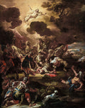 Pintura barroca de Francesco Solimena, A Conversão de Saulo, mostrando um homem caindo de seu cavalo e outros soldados em tumulto, com uma figura divina emergindo das nuvens no céu.