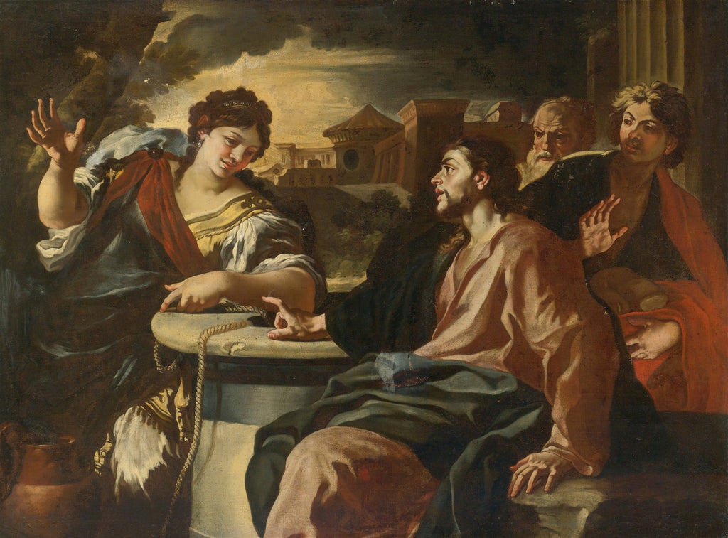 Quadro decorativo da obra 'Jesus e a Mulher de Samaria' de Francesco Solimena, representando Jesus conversando com uma mulher junto a um poço, com outros personagens ao fundo, em estilo barroco com cores intensas e dramaticidade.