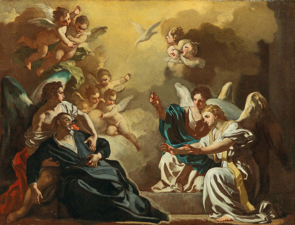 Quadro decorativo barroco de Francesco Solimena, "A Visão de São Francisco de Sales", retratando anjos e santos em tons terrosos e dourados.