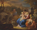 Quadro decorativo da Sagrada Família, atribuído a Francesco Solimena. Retrata Maria segurando o Menino Jesus, São José ao fundo com animais, e anjos. Paleta de cores quentes e escuras.