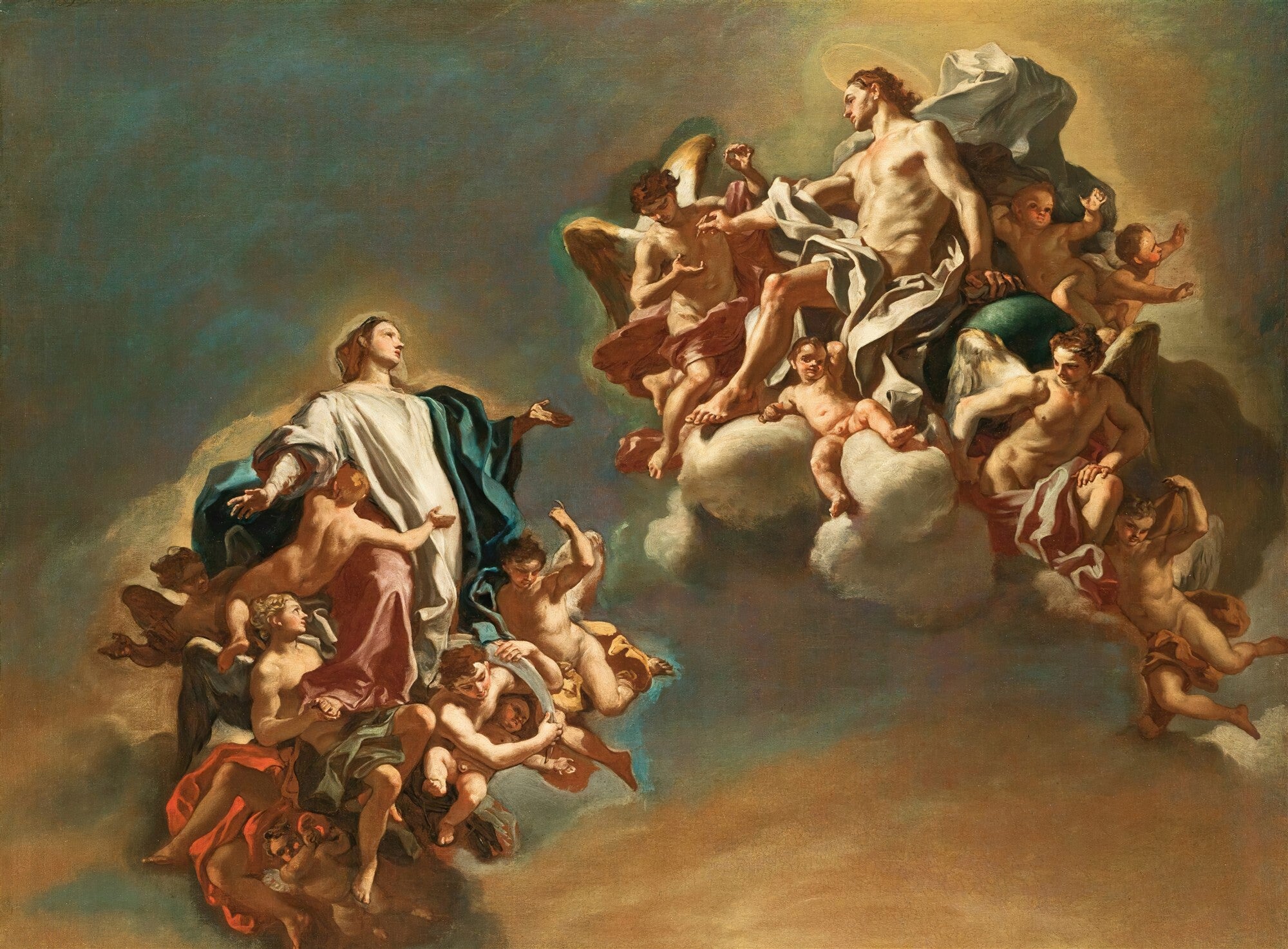 Quadro decorativo 'A Assunção da Virgem' de Francesco Solimena, representando figuras celestiais em nuvens, com uma figura feminina à esquerda e uma masculina à direita, ambas cercadas por anjos e querubins em tons de azul, dourado e marrom.