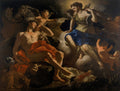 Pintura barroca de Francesco Solimena, "Diana e Endimião". A deusa Diana sentada em nuvens observa o pastor Endimião adormecido, cercado por cupidos e cães de caça. Cores escuras e dramáticas.