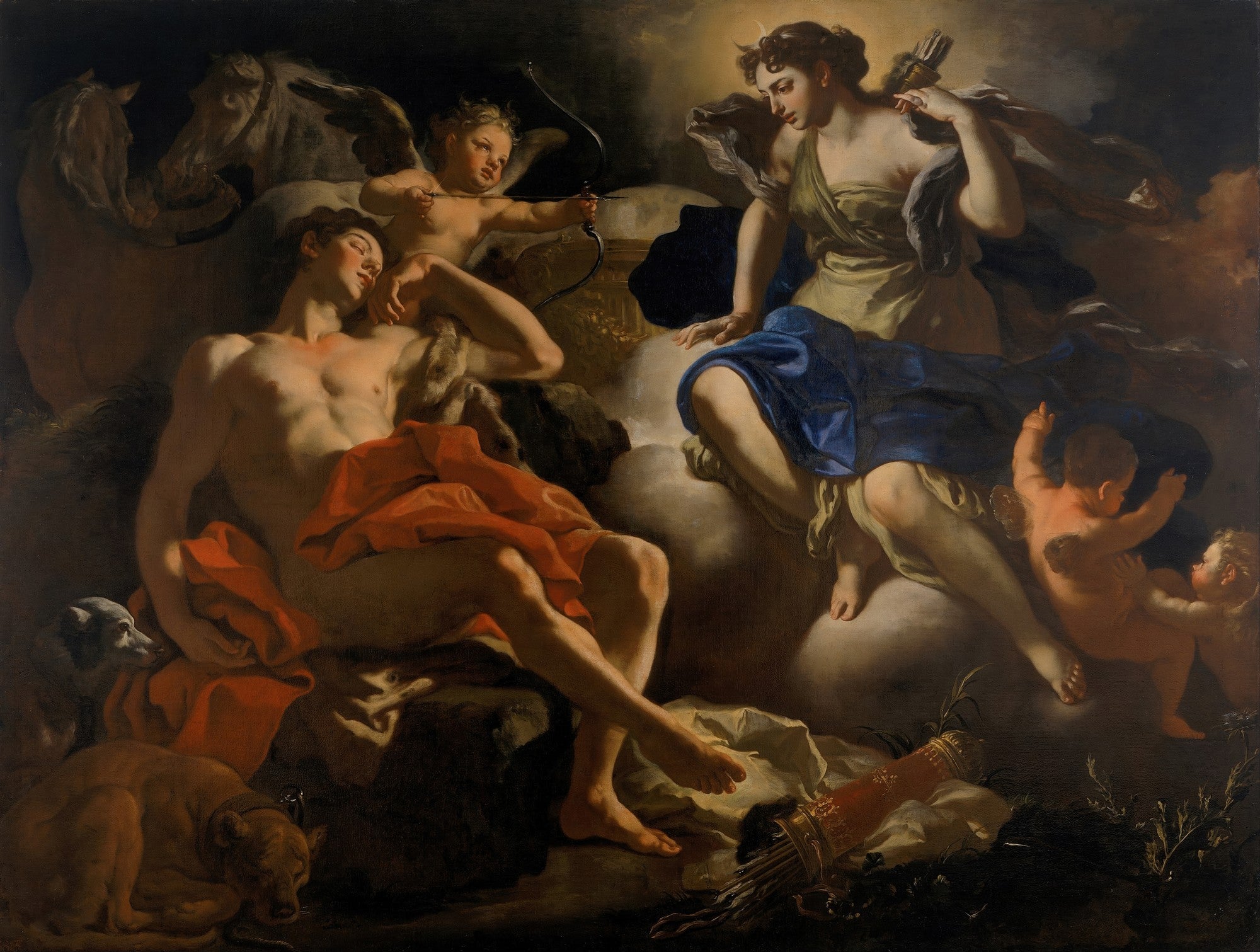 Pintura barroca de Francesco Solimena, "Diana e Endimião". A deusa Diana sentada em nuvens observa o pastor Endimião adormecido, cercado por cupidos e cães de caça. Cores escuras e dramáticas.
