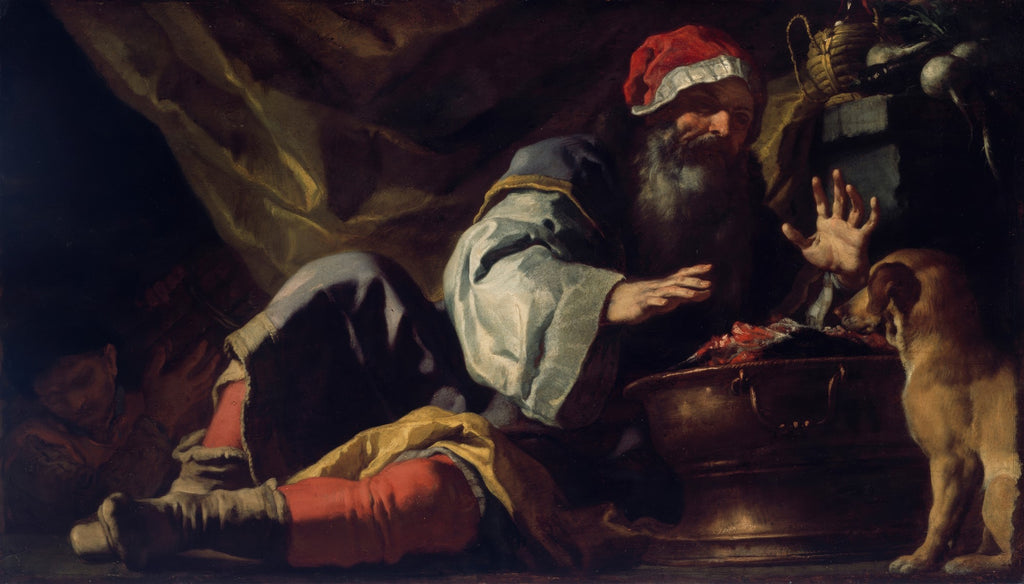 Quadro decorativo com pintura barroca de Francesco Solimena, mostrando uma figura masculina barbada com chapéu vermelho interagindo com um cachorro ao lado de uma bacia. A cena é dramática e ricamente iluminada.