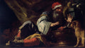 Quadro decorativo com pintura barroca de Francesco Solimena, mostrando uma figura masculina barbada com chapéu vermelho interagindo com um cachorro ao lado de uma bacia. A cena é dramática e ricamente iluminada.
