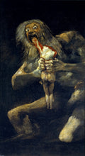 Quadro de Francisco de Goya, 'Saturno Devorando a um Filho', mostrando figura mitológica com olhos arregalados e boca aberta, devorando uma figura menor, em tons escuros e dramáticos.
