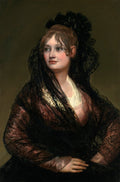 Retrato de uma jovem dama com cabelos castanhos e vestindo um xale de renda preta, com um olhar pensativo e sereno, em fundo escuro. Obra atribuída a Francisco de Goya.