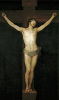 Quadro decorativo mostrando a obra 'Cristo Crucificado' de Francisco de Goya. Jesus Cristo está pregado na cruz, com os braços estendidos e o corpo pálido contra um fundo escuro. Uma coroa de espinhos na cabeça e um pano cobrindo a cintura.