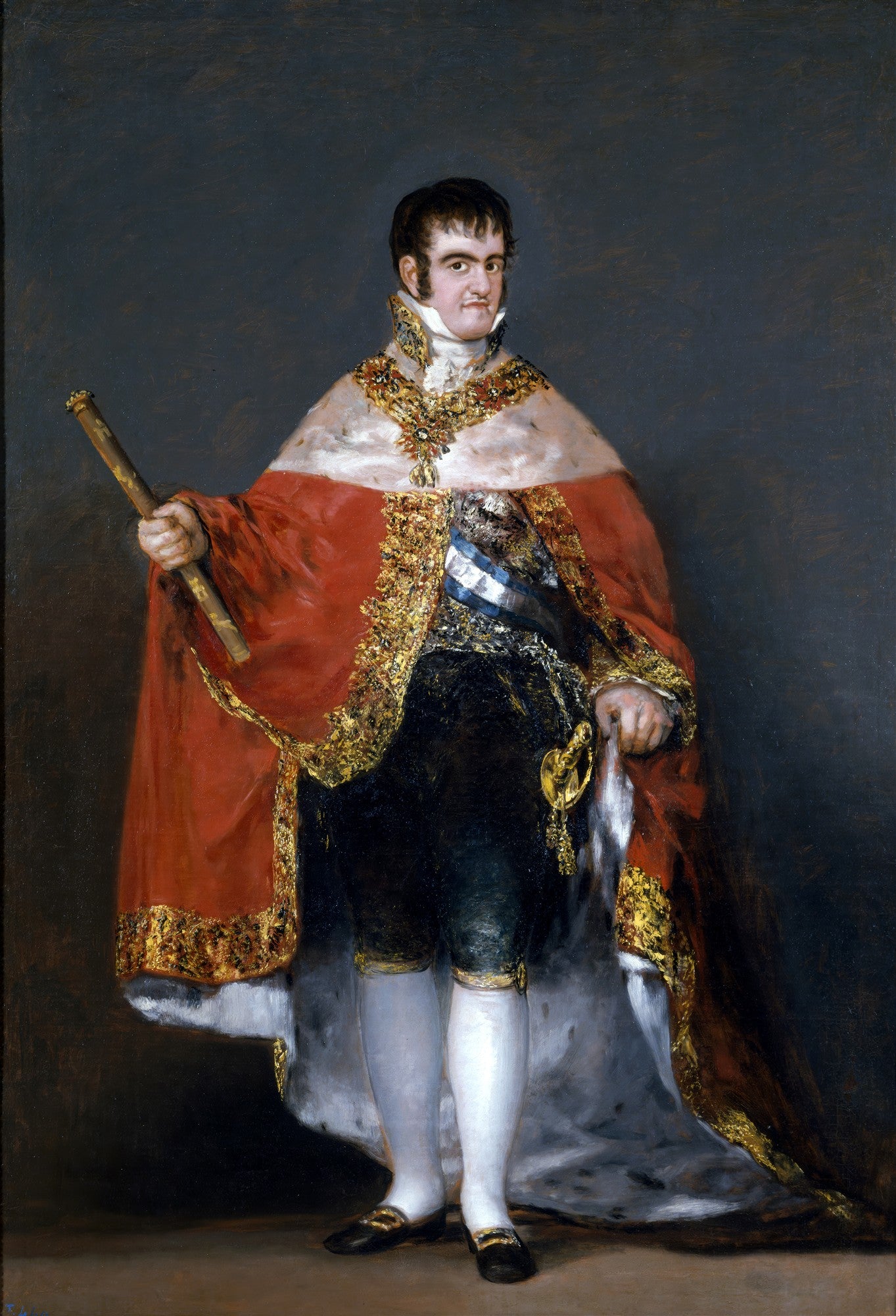 Retrato em corpo inteiro de Fernando VII de Espanha, pintado por Francisco de Goya, com vestes reais vermelhas e douradas sobre fundo escuro.