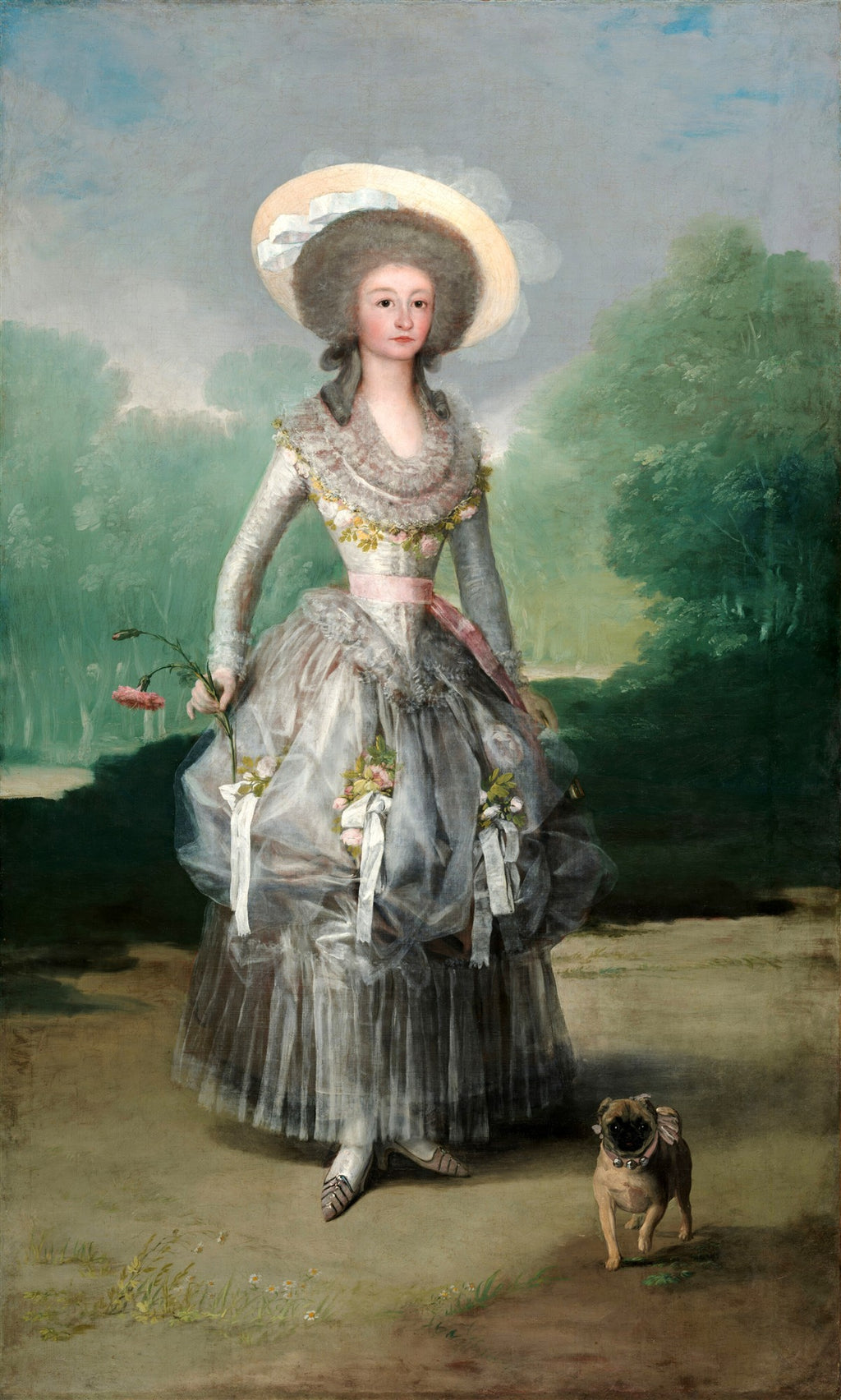 Retrato de A Marquesa de Pontejos, obra de Francisco de Goya, com uma mulher elegante e seu cachorro pug em um jardim. Quadro decorativo em estilo rococó.