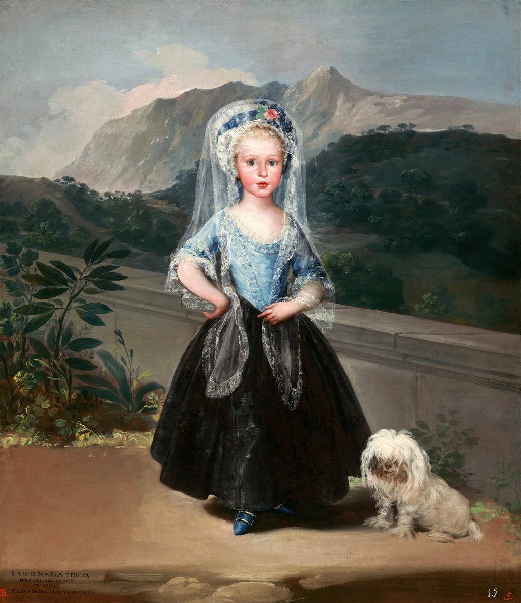 Quadro decorativo com retrato de menina criança com vestido azul e saia preta, chapéu branco e véu, acompanhada de um cão branco fofo, ao fundo montanhas e vegetação. Obra de Goya.