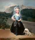 Quadro decorativo com retrato de menina criança com vestido azul e saia preta, chapéu branco e véu, acompanhada de um cão branco fofo, ao fundo montanhas e vegetação. Obra de Goya.