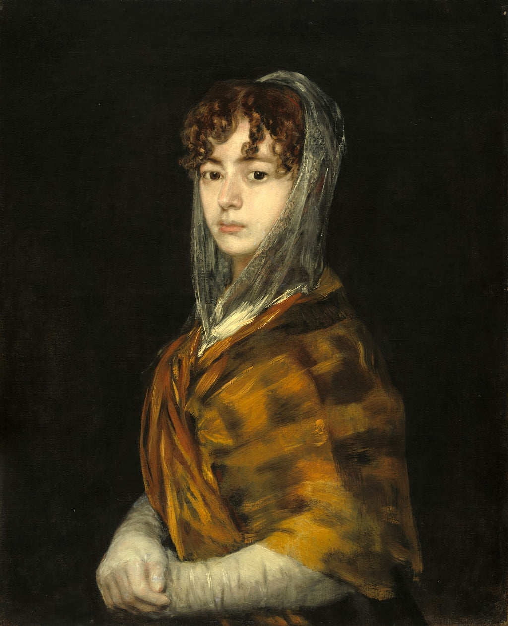 Retrato de jovem senhora com cabelo cacheado e véu transparente, atribuído a Francisco de Goya, em um fundo escuro.