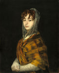 Retrato de jovem senhora com cabelo cacheado e véu transparente, atribuído a Francisco de Goya, em um fundo escuro.