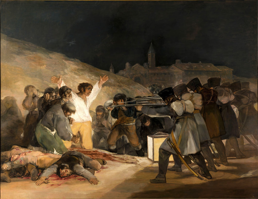 Pintura "El Tres de Mayo de 1808" de Goya, mostrando execuções com foco em um homem de camisa branca com os braços levantados diante de fuzileiros.