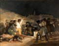 Pintura "El Tres de Mayo de 1808" de Goya, mostrando execuções com foco em um homem de camisa branca com os braços levantados diante de fuzileiros.